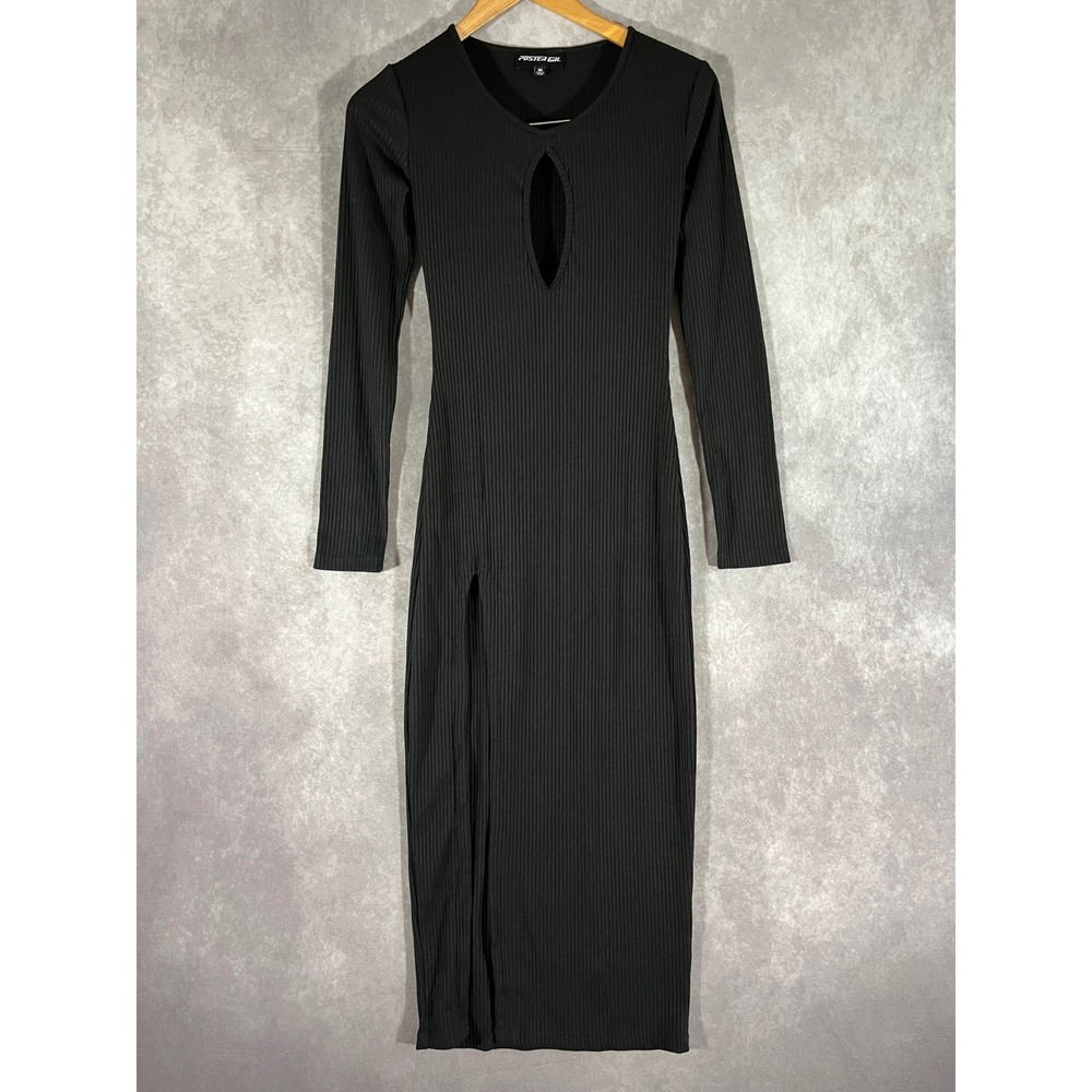 Poster Girl Ribbed Maxi Dress Women S Black Keyhole Cutout Side Slit Long Sleeve